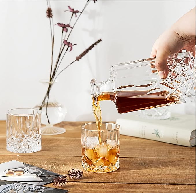 Whiskey Decanter Set,800ML Elegant Liquor Carafe with Ornate Glass Stopper and 2 Matching Whisky Tumblers–Whisky,Scotch, Liquor, Wine, Bourbon, Gin, Rum, Tequila, Vodka and Brandy (Iceberg Style)
