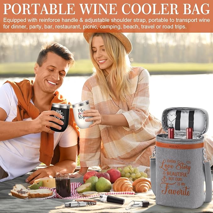 Anniversary Engagement Gifts for Men Women, Mr and Mrs Wine Tumblers Gifts Basket- Wedding Gifts for Couple, Bridal Shower, Newlywed, Husband, Wife - Insulated Wine Cooler Tote Bag w/Wine Accessories