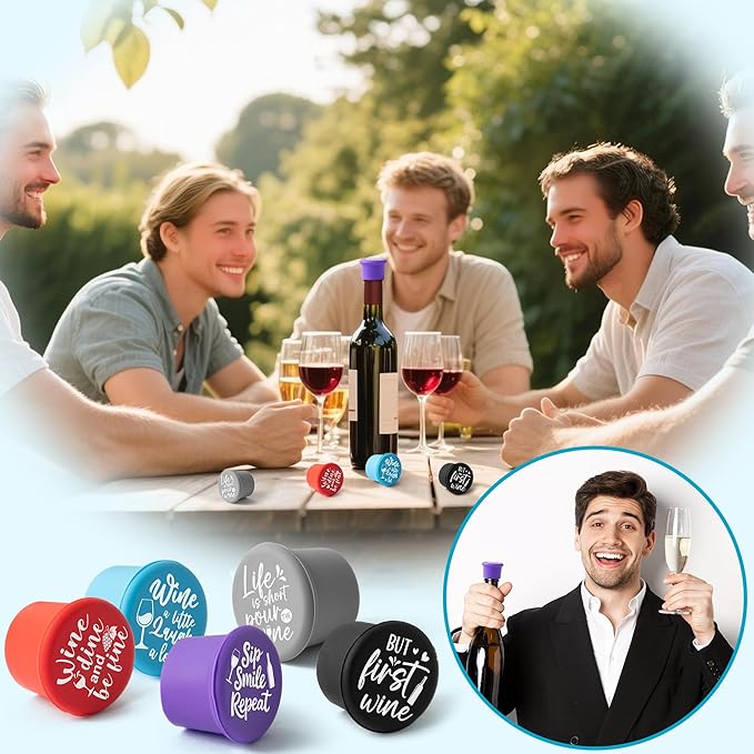 10Pcs Wine Stoppers Gift Set Funny More Wine Less Whine Pattern Silicone Bottle Covers Reusable Beverage Corks Strong Sealing Liquor Accessories for Outdoor Picnics Weddings Barbecues Party