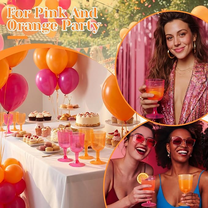 Remerry 24 Pcs Orange Pink Party Plastic Wine Glasses 5 oz Goblets with Stem Hot Pink Orange Unbreakable Drinking Glasses Drinkware Cup for Valentines Day Wedding Birthday Baby Shower Party Supplies