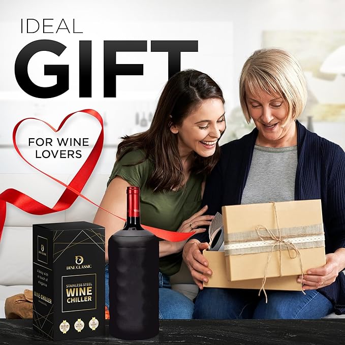 Wine Gifts - Premium Wine Chiller - 750mL Stainless Steel Bottle Cooler, Vacuum Insulated & Double-Walled - Keeps Cold 6+ Hours - Champagne Sleeve for Most Bottles - Black