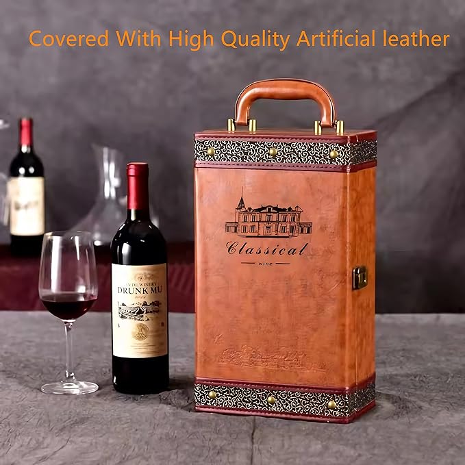 Wine Gift Box with 4 Wine Accessories Set,Portable Two Bottle Wine Carrier Case for Christmas,Wedding, Anniversary, Party,Vintage Leather Wine Storage Box for Home Bar Decor and Wine Collection
