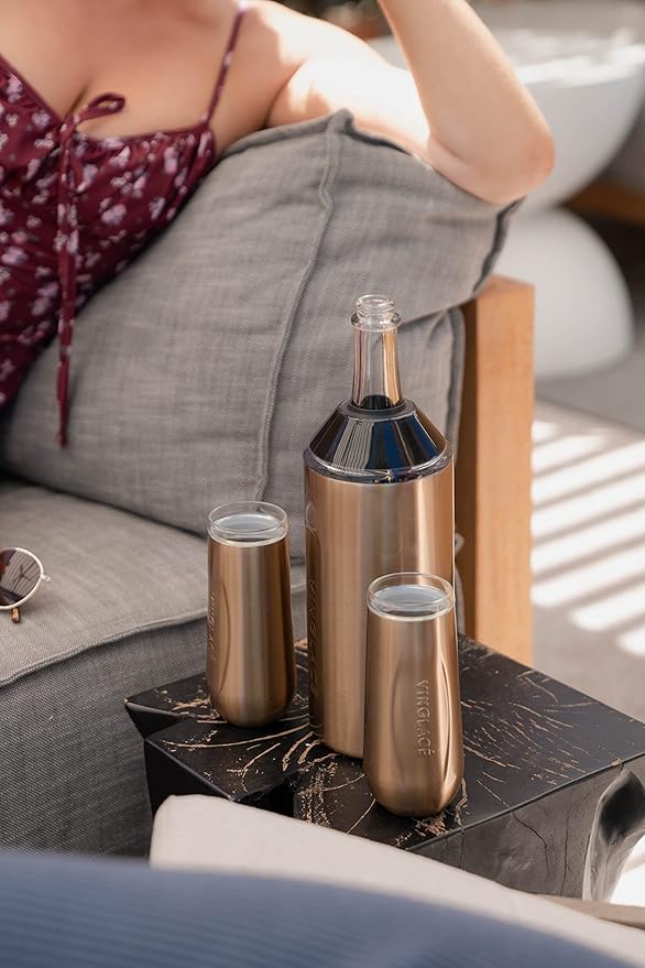 Vinglacé Champagne Bottle Chiller Gift Set- Portable Stainless Steel Sparkling Wine Cooler with 2 Stemless Champagne Flutes, Copper