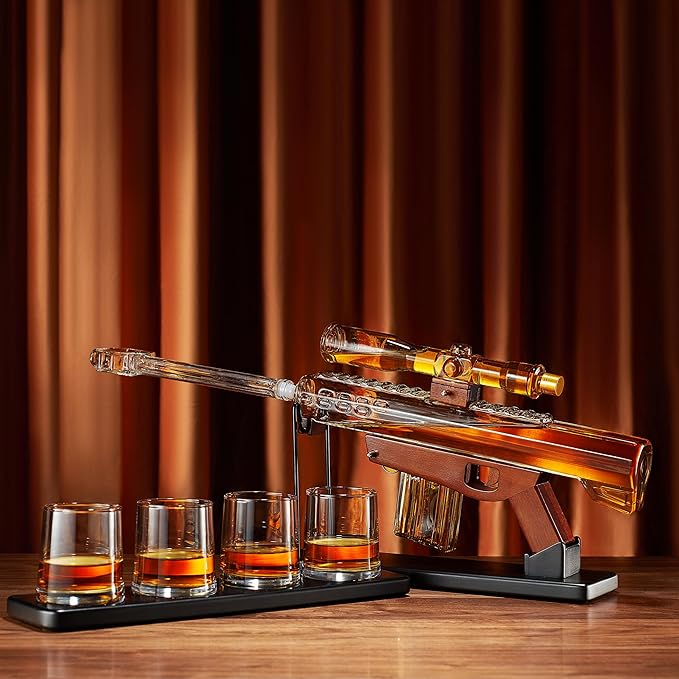 Large 18" Sniper Decanter, Gifts for Men Dad, Whiskey Decanter Set - Sniper Scope Glass Gun AR Limited Edition, Silencer Stopper - 22oz & 5oz Glasses - Birthday Gift - Drinking Party, Liquor, Vodka