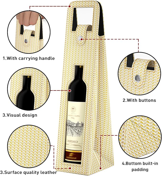 RYDDOY Wine Gift Bag, Reusable Leather Wine Tote Carrier, Single Bottle Champagne Beer Gift Bags Carrier for Birthday, Wedding, Picnic Party, Christmas festival Gifts (Beige)