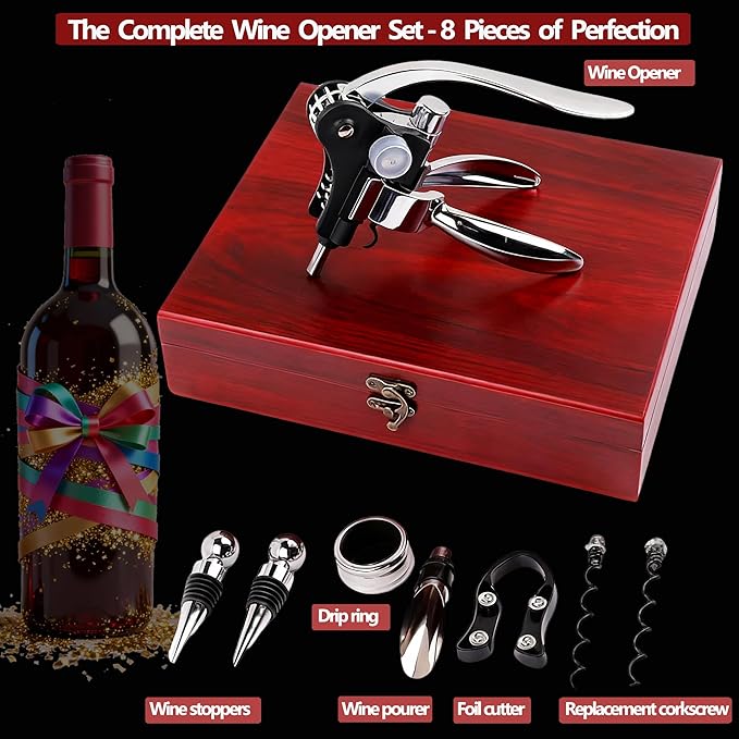 Wine Bottle Opener Corkscrew Gift Set, 8 Pieces Manual Corkscrews Wine Opener with Classic Wooden Box, Stainless Steel Wine Opener kit Wedding Birthday Gifts for Wine Lovers