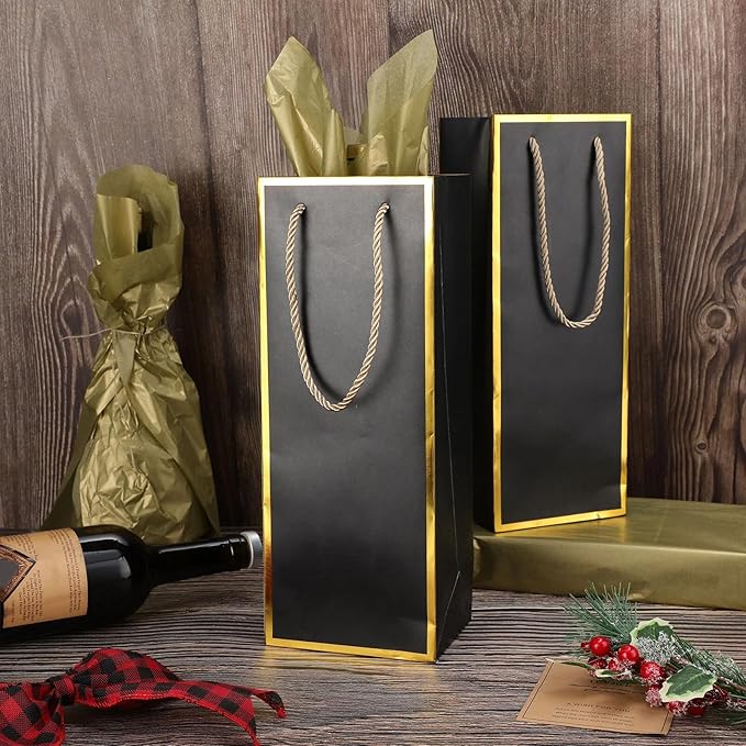 TaoBary 50 Pcs Wine Gift Bags and Gold Wrapping Paper Set Wine Bags for Bottle Bulk 4 x 5 x 13 Inch Champagne Gift Paper Sack with Handles for Christmas Appreciation Wedding Anniversary(Black,50 Pcs)