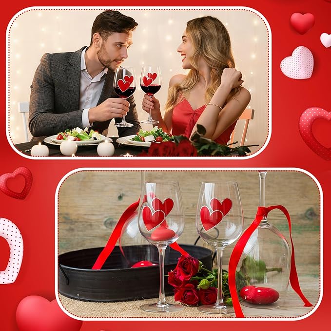 SiliFine 4 Pcs Valentine's Day Red Hearts Theme Party Stemmed Wine Glasses Hand Painted Red Heart Drinking Cup Wine Glasses Gifts for Birthday Theme Holiday Party Supplies