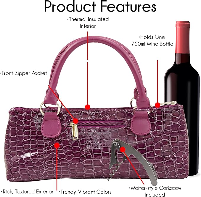Primeware Wine Clutch Bag (Thermal Insulated) Trendy Women’s Carry Tote | Holds Red & White 750mL Bottles | Trendy Fashion | Incl. Portable Waiter-Style Corkscrew