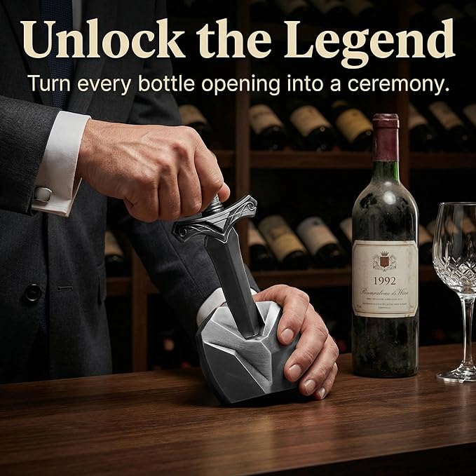 Ah So Wine Opener, Excalibur Sword Wine Corkscrew with Display Base, Premium Zinc Alloy Vintage Bronze Corkscrew for Fragile Corks, Unique Wine Gifts for Man, Collectors & Luxury Bar Decor (Silver)