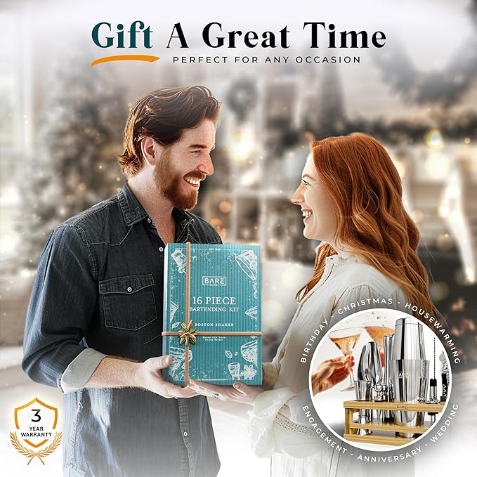 BARE BARREL® Mixology Bartender Kit Bar Set | 16-Piece Cocktail Shaker Set | Martini Barware Mixing Tools for Home Bartending | Incl. 35 Recipe Cards | Gift Set (28oz Boston Shaker, Silver/Natural)