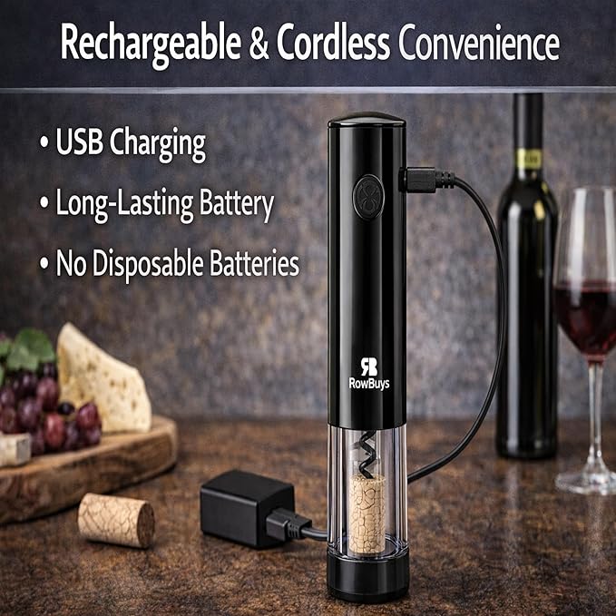 Electric Wine Opener Set – Rechargeable Automatic Corkscrew with One-Touch Operation, Cordless Wine Bottle Opener with Foil Cutter & USB Charging Cable, Wine Lover Gift