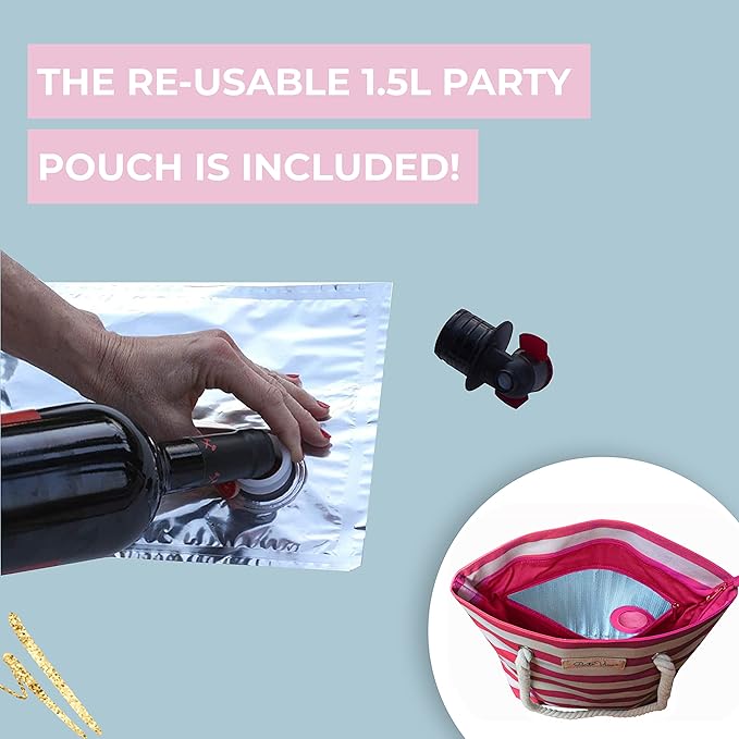 PortoVino Insulated Wine Purse Tote Bag | Canvas Drink Pouches | Hidden Spout, Wine Dispenser Flask | Beach Bag Holds 50 oz Beverage for Travel | Concerts | Drink Lovers - Pink/White