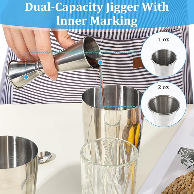 Professional Cocktail Shaker, Professional 5-Piece Bartender Kit with Boston Shaker, Hawthorne Strainer, Double Measuring Cocktail Jigger, and 10-inch Mixing Spoon, Stainless Steel Martini Shakers