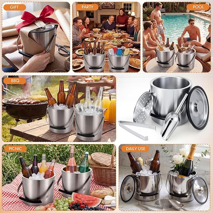 10 PCS 2 Set 3L Portable Ice Buckets for Parties Stainless Steel Double-Wall Insulated Ice Bucket with Lid, Scoop, Tongs Ideal for Cocktail Bar, Outdoor Events & Keeps Drink Frozen Longer