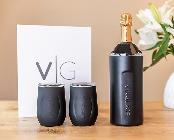 Vinglacé Wine Bottle Chiller Gift Set- Portable Stainless Steel Wine Cooler with 2 Stemless Wine Glasses, Black