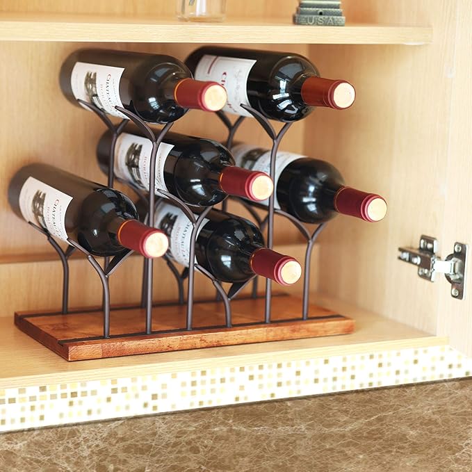 ALLCENER Countertop Bottle Rack, Tabletop Wood Bottle Holder, Hold 6 Bottles, Perfect for Home Decor & Kitchen Storage Rack, Bar, Cellar, Cabinet, Pantry, etc, Wood & Metal (Bronze)