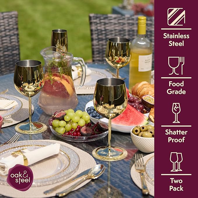 Oak & Steel - 2 Gold Stainless Steel Wine Glasses (18 Oz) Unbreakable Metal Wine Glasses, Wine Goblets with Gift Box for House Warming, Valentines, Anniversary