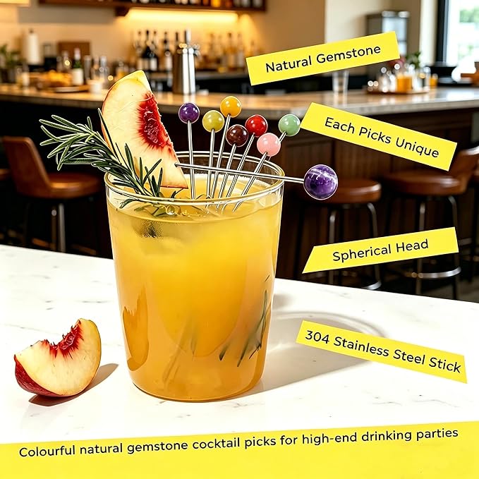 Homestia 6PCS Crystal Cocktail Picks, 4.6" Colorful Natural Gemstone Martini Sticks, Reusable Metal Olive Skewers Cocktail Pins Garnish Picks for Cocktails Drinks Party