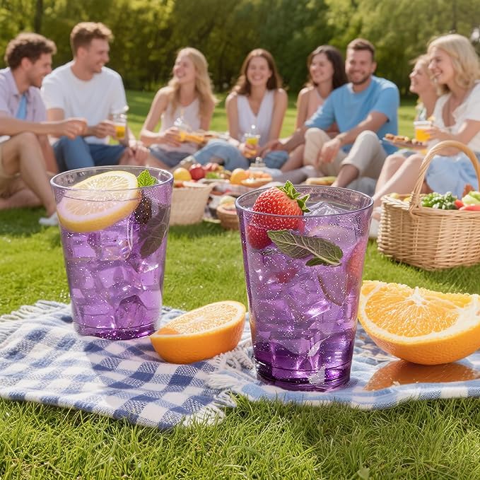 DaYammi 100 Pack 10 oz Purple Plastic Cups- Disposable Cups Tumblers, Elegant Purple Glitter Party Drinking Cup Perfect for Wedding Purple cups Perfect for Mother's Day Party Wedding