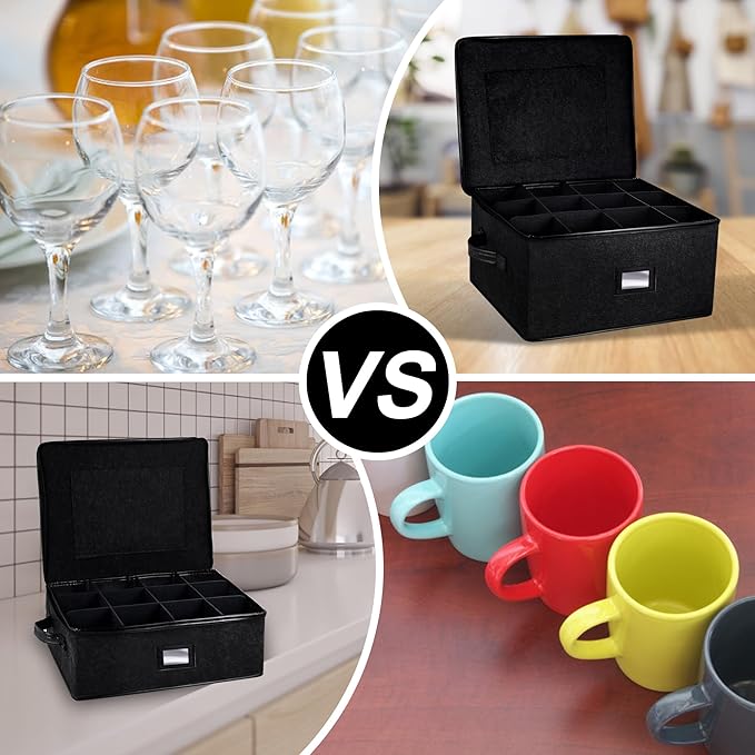 2 Pack Glass Storage Box with Dividers for Mugs & Glassware Coffee Cup Kit Stemware Storage Containers for Packing and Moving 12 Crystal Glassware, Wine Glasses, Drinkware (Black)