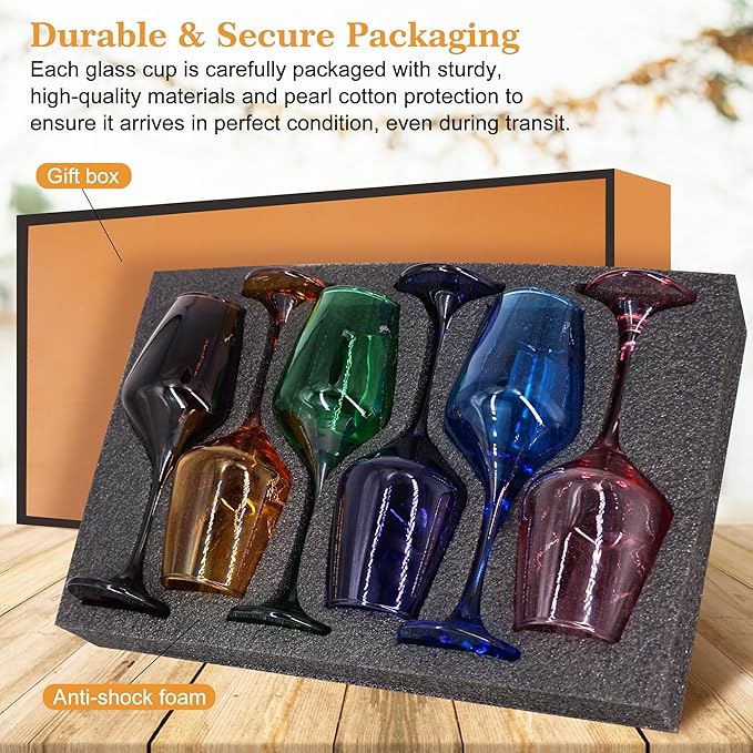 Multi Colored Wine Glasses Set of 6, 14oz Stemmed Glasses, Thick & Colorful, Dishwasher Safe Stemware for Red or White, Gift for Party, Holiday, Anniversary, Restaurant, Home Bar