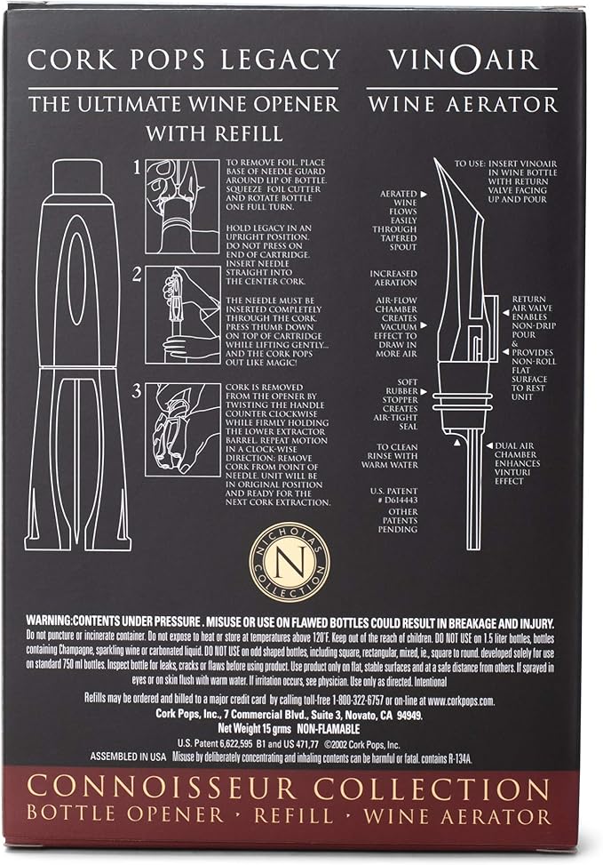 Cork Pops 20003 Nicholas Connoisseur Collection, Nicholas Legacy with Refill, Extra Cartridge, VinOair