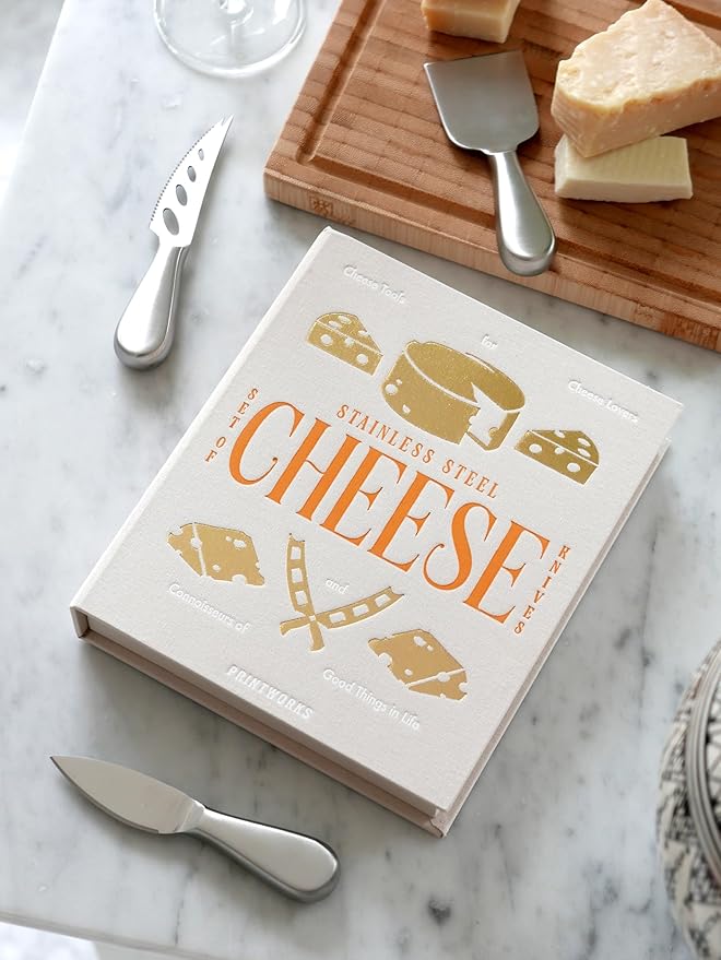 PrintWorks The Essentials Cheese Tools Kit - 3-Piece Stainless Steel Knife Set - Pronged, Chisel & Heart Knives - For Charcuterie Boards - Dishwasher Safe