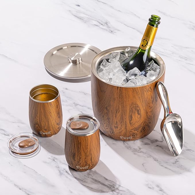 S'well Stainless Steel Ice Bucket XL, 100oz, Teakwood, Includes Lid And Scoop, Triple Layered Vacuum Insulated Container Keeps Ice Colder for Longer, BPA Free Barware