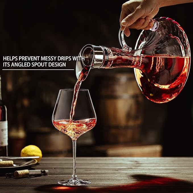 Hand Blown Wine Decanter, 60oz Large Red Wine Decanter With Aerator, Lead-free Striped Glass Carafe, Cute Wine Accessories Set With Handle And Lid Filter, Unique Gifts For Wine Lovers