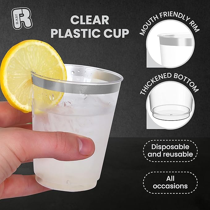R-kay Silver Plastic Cups, Heavy Duty 10 OZ Silver Disposable cups, 50 Pack Plastic cocktail Glasses Heavy Duty Party Cups