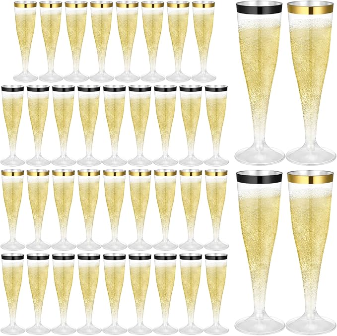 Jingmore 60 Pcs Plastic Champagne Flutes 4.5 oz Clear Disposable Wine Glasses Cocktail Cup Champagne Glass for Wedding Graduation Summer Party Favor Mimosa Bar Supplies (Black,Gold)