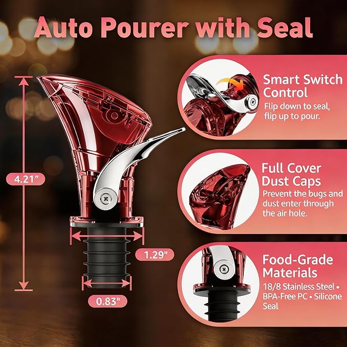 IOV Wine Pour Spout, Upgraded Sealing Liquor Bottle Pourers, Auto Flip Olive Oil Dispenser Spout, Pourer with Dust Caps for Alcohol, Vinegar and Syrup, No-Drip Wine accessories, Red