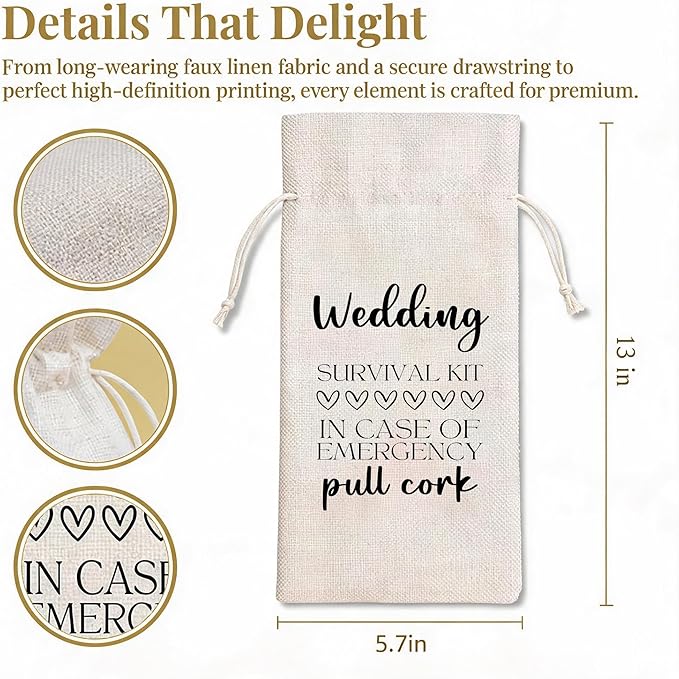 Wedding Gift Wine Bag for Bride Groom, Funny Survival Kit Linen Drawstring Wine Bottle Cover, Reusable Wine Pouch for Bridal Shower Engagement Wedding Anniversary Gift - A09