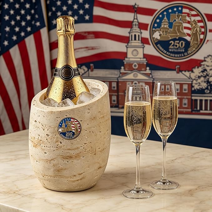 250th Years of United States Wine Chiller & Champagne Cooler – Travertine-Textured Resin Bucket for Rapid Cooling, Perfect for Independence Day Celebration, Home Party Decor – Wine Lovers Gift (Beige)