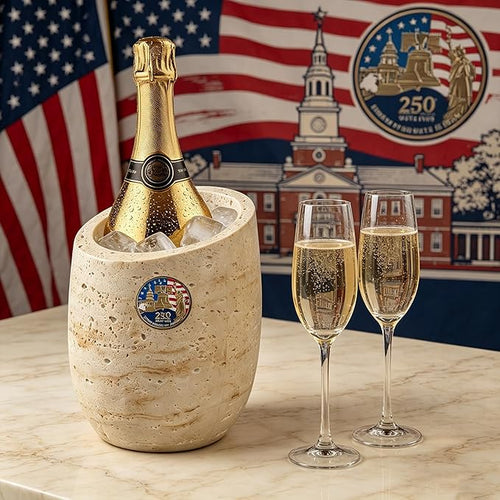 250th Years of United States Wine Chiller & Champagne Cooler – Travertine-Textured Resin Bucket for Rapid Cooling, Perfect for Independence Day Celebration, Home Party Decor – Wine Lovers Gift (Beige)