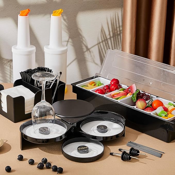 Mifoci Bartending Supplies 6 Compartments Garnish Tray with Lid Bar Caddy 3 Tier Glass Rimmer Stainless Steel Bottle Pourers Juice Pouring Cocktail Tools Plastic Serving Accessories