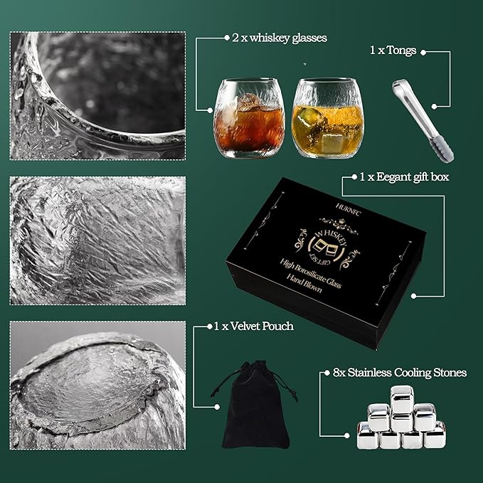 Hand Blown Whiskey Glass Set – Premium Borosilicate Glass Old Fashioned Glasses with Metal Ice Cubes, Tongs & Gift Box – Perfect for Whiskey, Water, Milk, Wine,Beer,Juice & Cocktails