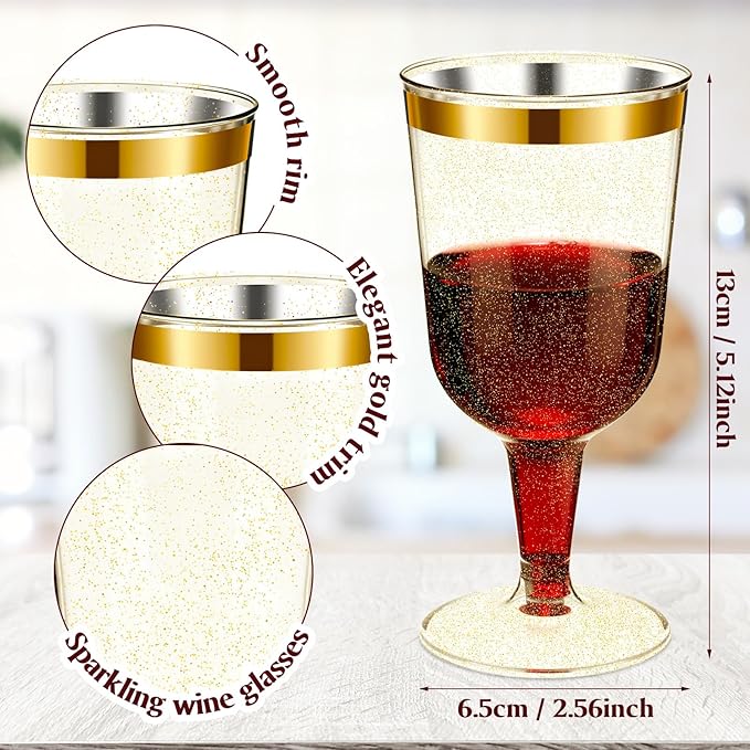 CHENGU 100 Pcs Plastic Wine Glasses 7 oz Gold Rimmed Mini Stemware with Removable Base for Wedding Parties Birthday Anniversary Champagne Toasting(Gold Powder)
