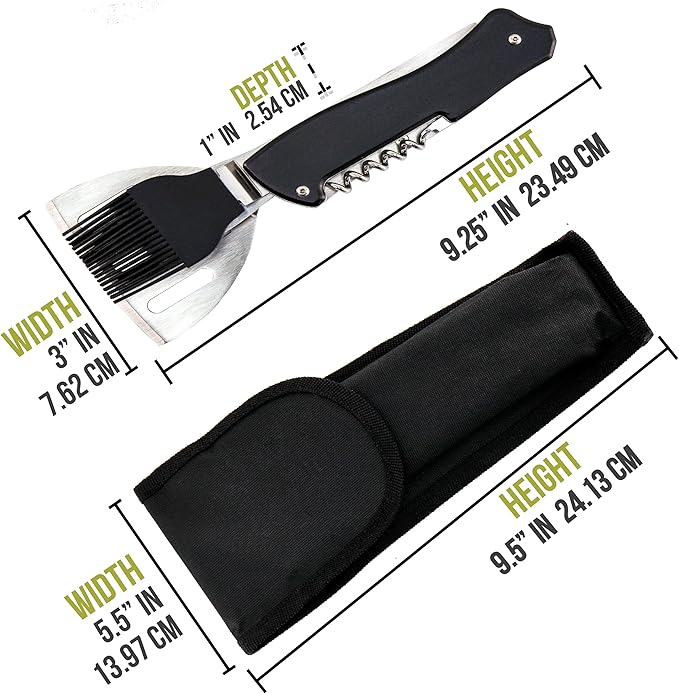 Iconikal 4-in-1 Folding Collapsible Swiss Camping Grilling Tool, Turner, Brush, Fork, Corkscrew