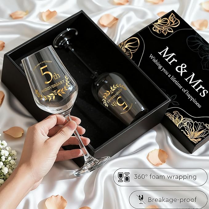 5 Years Anniversary Wine Glass Gift Set of 2 Happy 5th Anniversary Package with 2 Wine Glasses, Wine Bag, and Greeting Card Gifts for Couple Husband and Wife