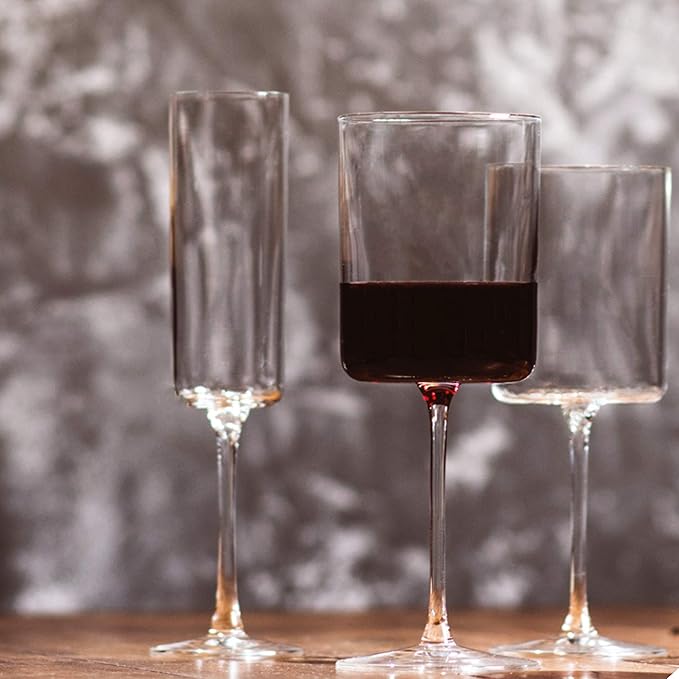 BENETI Large Square Wine Glass Set of 4-17 oz European-Made Hand Blown Glass White Wine Goblets w/Laser-Cut Rim, Dishwasher-Safe Crystal Clear Red Wine Glass Gift Set