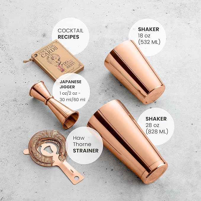 Mixology & Craft Cocktail Shaker Set Boston Shaker, Strainer and Japanese Jigger, Portable Bar Set for Home Bartending (Copper)