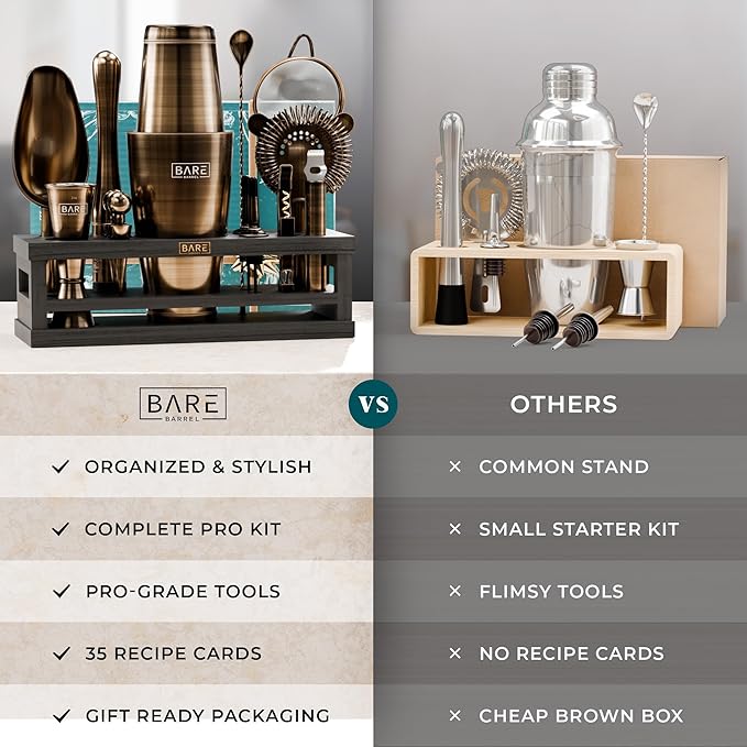BARE BARREL® Mixology Bartender Kit Bar Set | 16-Piece Cocktail Shaker Set | Martini Barware Mixing Tools for Home Bartending | Incl. 35 Recipe Cards | Gift Set (28oz Boston Shaker, Brass/Black)