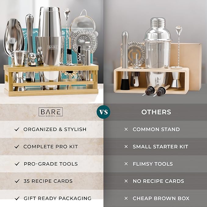 BARE BARREL® Mixology Bartender Kit Bar Set | 16-Piece Cocktail Shaker Set | Martini Barware Mixing Tools for Home Bartending | Incl. 35 Recipe Cards | Gift Set (28oz Boston Shaker, Silver/Natural)