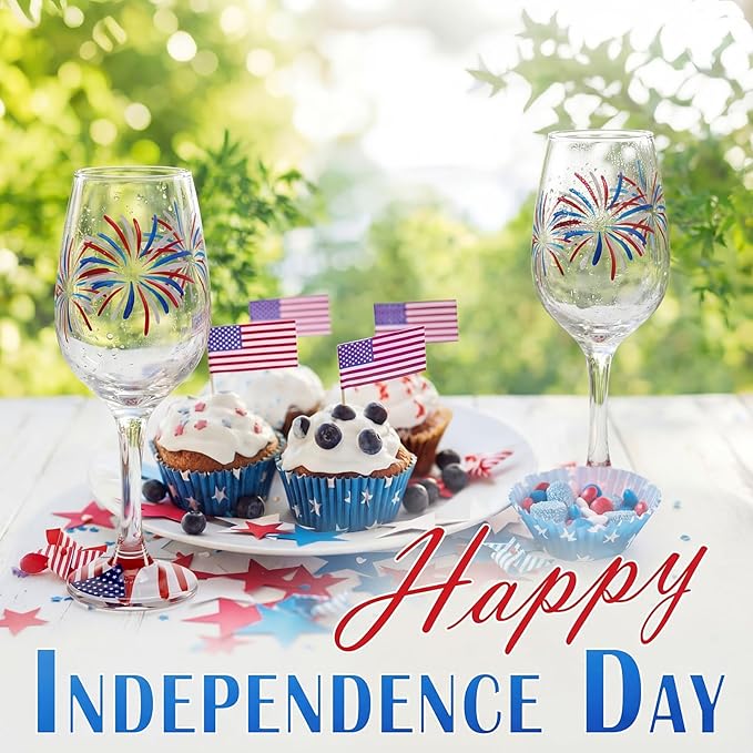 SiliFine 4 Pcs Independence Day 4th of July Party Stemmed Wine Glasses Hand Painted Fireworks USA American Flag Star Drinking Cup Wine Glasses Gifts for Birthday Theme Holiday Party Supplies