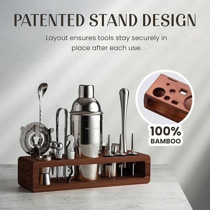 Modern Mixology Pro-Graded Cocktail Shaker Set with Stand | Complete Bartender Kit | 24oz Martini Shaker, Jigger, Strainer, Bar Spoon, Tongs, Opener, Muddler, Home Bar Essentials