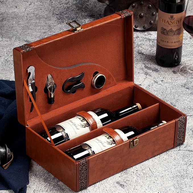 Wine Box, 2 Bottle Leatherette Top Handle with 4 Wine Accessory Travel Wine Gift Box, Handmade Premium Wine Carrier Case