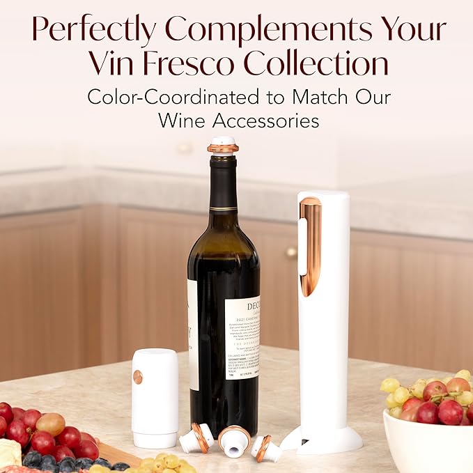 Electric Wine Preserver - Rechargeable Vacuum Saver With Airtight Seal - Automatic Air Remover Pump for 10 Days of Flavor & Freshness - Preservation System (White & Rose Gold)