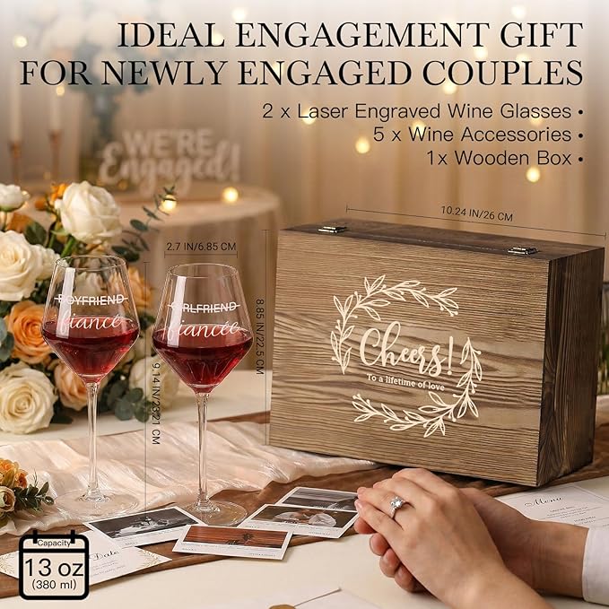 Engagement & Bridal Shower Gifts for Fiancé and Fiancée, Engraved Fiancé Fiancée Wine Glasses with 5-Piece Wine Accessory Kit (Fiance/Fiancee)